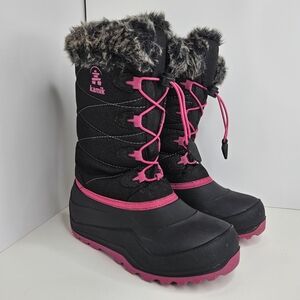 Kamik Girls Waterproof Winter Boots No Tie Laces Faux Fur Trim Black Pink Size 4